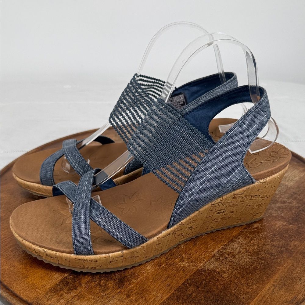 Skechers Sandals Wm 10 Cork Wedge Heel Blue Stretch Strappy Luxefoam Comfort